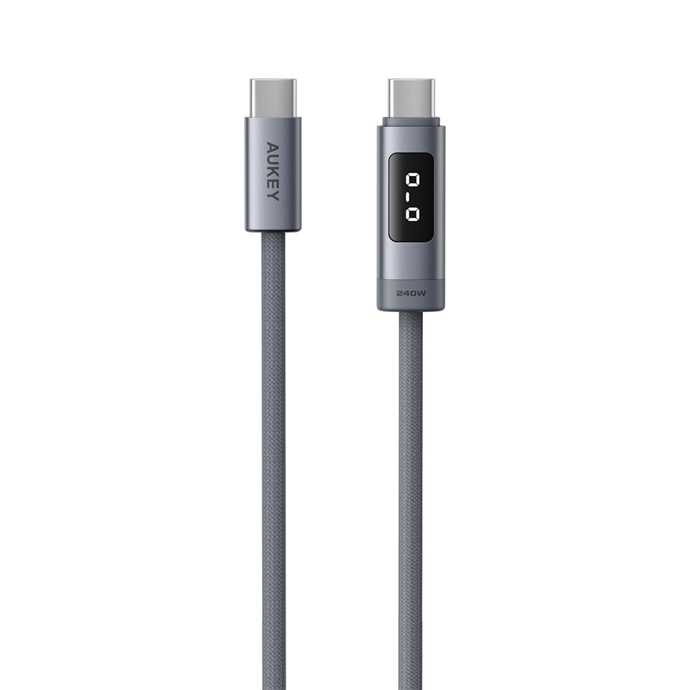 Aukey CB-DCC246 Circlet Bink 240W EMO DTY Braided USB-C to USB-C Cable with LED Display – Grey (2M)